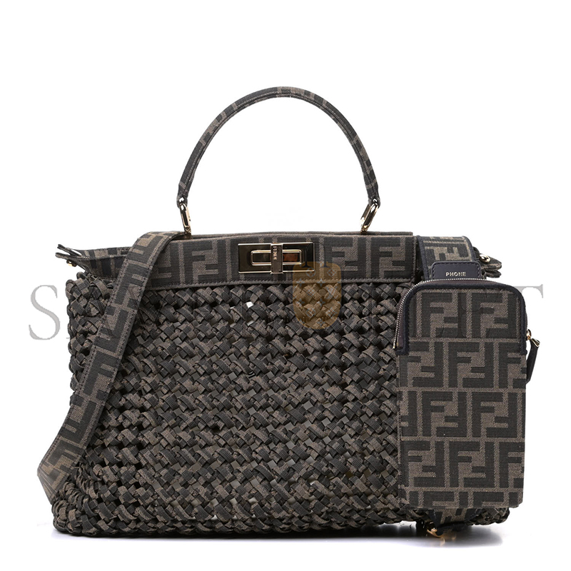 FENDI FABRIC JACQUARD FF 1974 WOVEN KNOTTED MEDIUM PEEKABOO ICONIC SATCHEL TOBACCO MORO (34*25*13cm) 